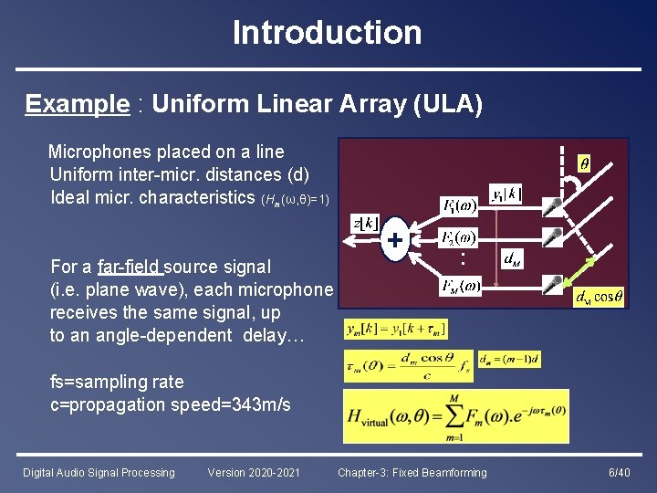 Introduction Example : Uniform Linear Array (ULA) Microphones placed on a line Uniform inter-micr.