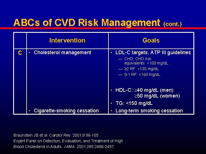 ABCs of CVD Risk Management (cont. ) Intervention C • Cholesterol management Goals •
