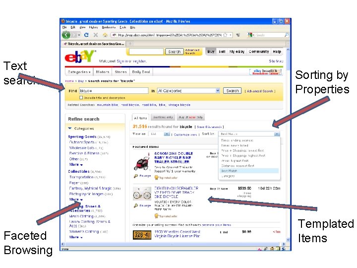 Text search Faceted Browsing Sorting by Properties Templated Items 