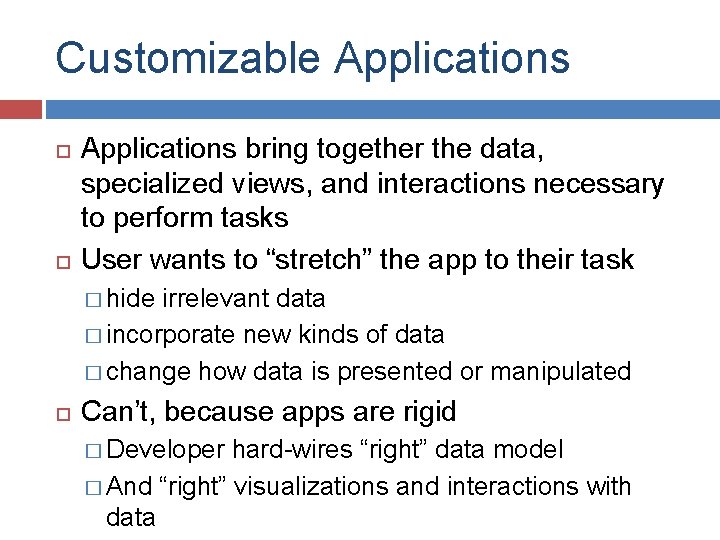 Customizable Applications bring together the data, specialized views, and interactions necessary to perform tasks