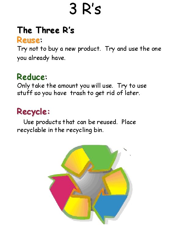 3 R’s The Three R’s Reuse: Reuse Try not to buy a new product.