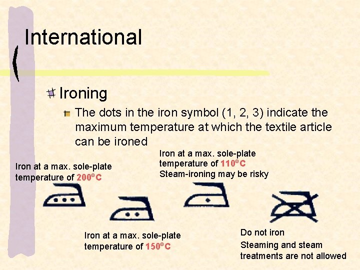 International Ironing The dots in the iron symbol (1, 2, 3) indicate the maximum