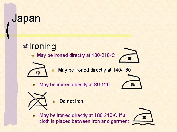 Japan Ironing May be ironed directly at 180 -210 o. C May be ironed