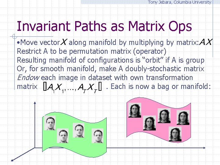 Tony Jebara, Columbia University Invariant Paths as Matrix Ops • Move vector along manifold