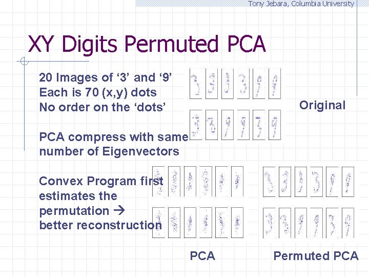 Tony Jebara, Columbia University XY Digits Permuted PCA 20 Images of ‘ 3’ and