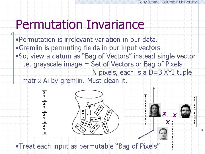 Tony Jebara, Columbia University Permutation Invariance • Permutation is irrelevant variation in our data.