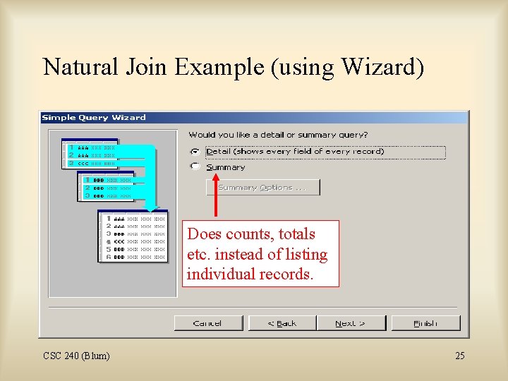 Natural Join Example (using Wizard) Does counts, totals etc. instead of listing individual records.