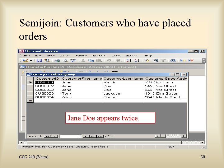 Semijoin: Customers who have placed orders Jane Doe appears twice. CSC 240 (Blum) 30