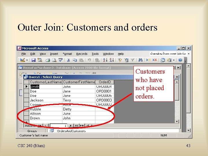 Outer Join: Customers and orders Customers who have not placed orders. CSC 240 (Blum)