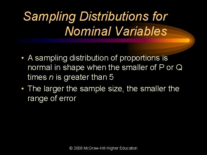 Sampling Distributions for Nominal Variables • A sampling distribution of proportions is normal in