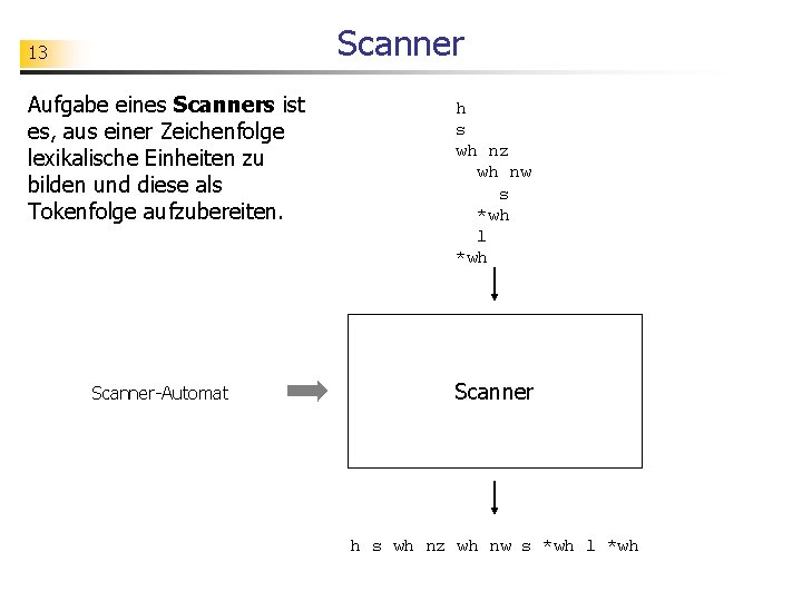 Scanner 13 Aufgabe eines Scanners ist es, aus einer Zeichenfolge lexikalische Einheiten zu bilden