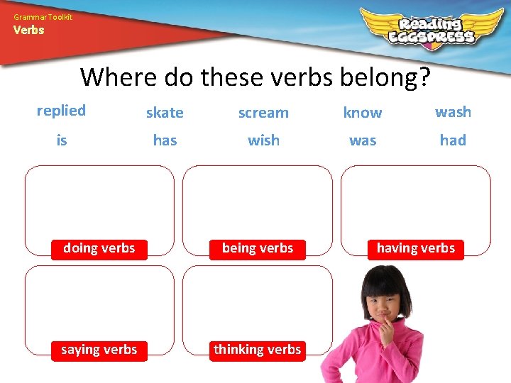 Grammar Toolkit Verbs Where do these verbs belong? replied skate scream know wash is