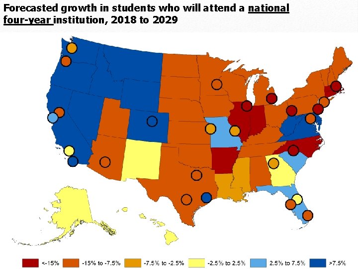 Forecasted growth in students who will attend a national four-year institution, 2018 to 2029