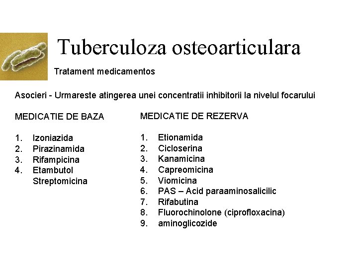 Tuberculoza osteoarticulara Tratament medicamentos Asocieri - Urmareste atingerea unei concentratii inhibitorii la nivelul focarului