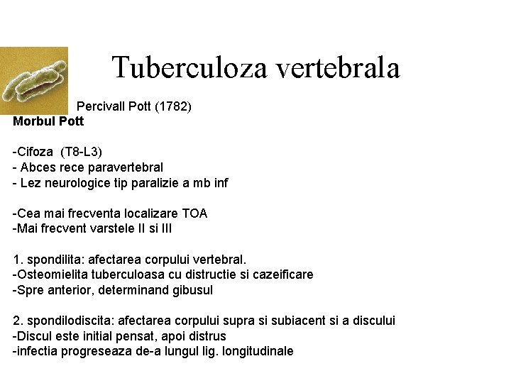 Tuberculoza vertebrala Percivall Pott (1782) Morbul Pott -Cifoza (T 8 -L 3) - Abces