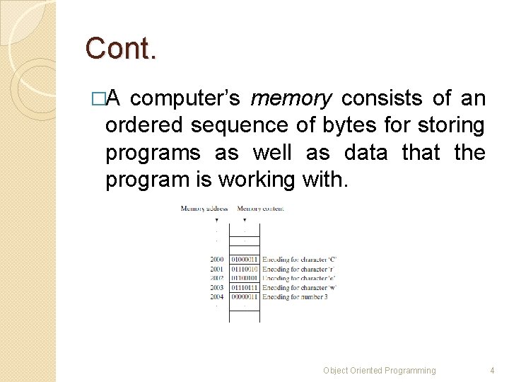 Cont. �A computer’s memory consists of an ordered sequence of bytes for storing programs