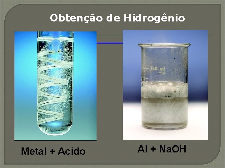 Obtenção de Hidrogênio Metal + Acido Al + Na. OH 