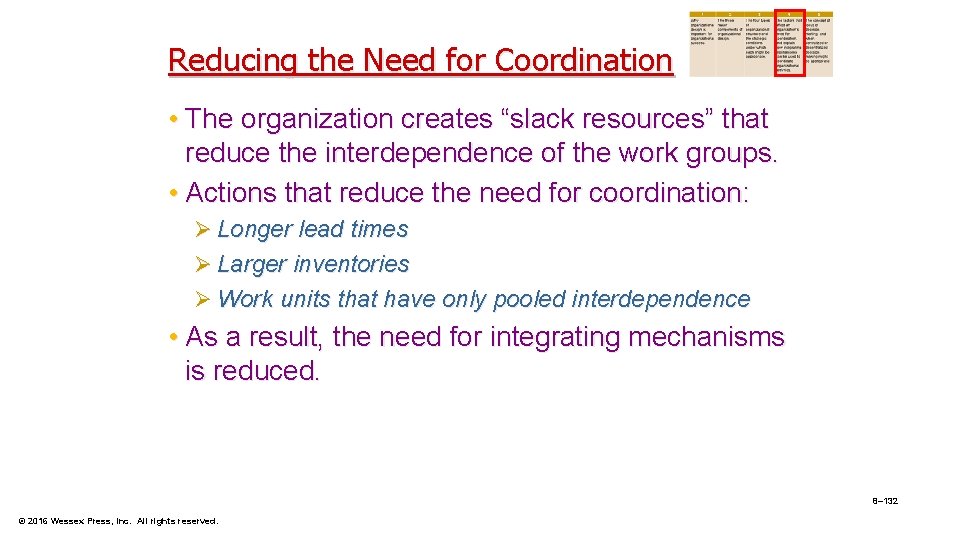 Reducing the Need for Coordination • The organization creates “slack resources” that reduce the