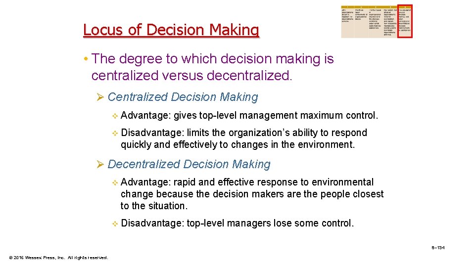 Locus of Decision Making • The degree to which decision making is centralized versus