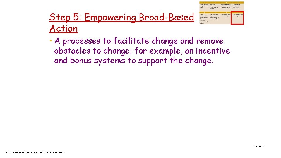 Step 5: Empowering Broad-Based Action • A processes to facilitate change and remove obstacles
