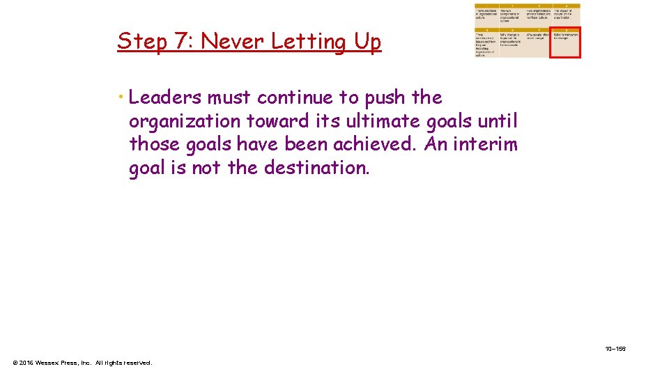 Step 7: Never Letting Up • Leaders must continue to push the organization toward