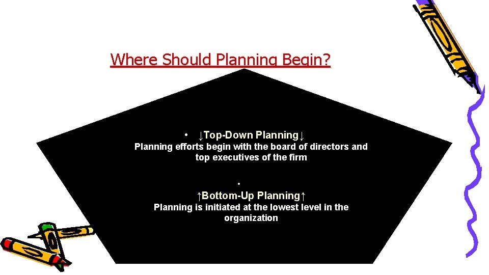 Where Should Planning Begin? • ↓Top-Down Planning↓ Planning efforts begin with the board of