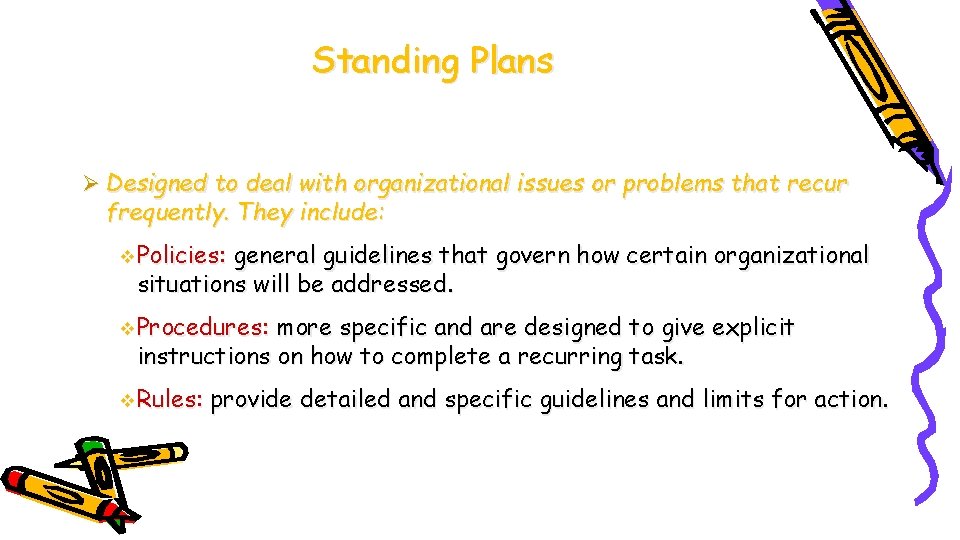 Standing Plans Ø Designed to deal with organizational issues or problems that recur frequently.