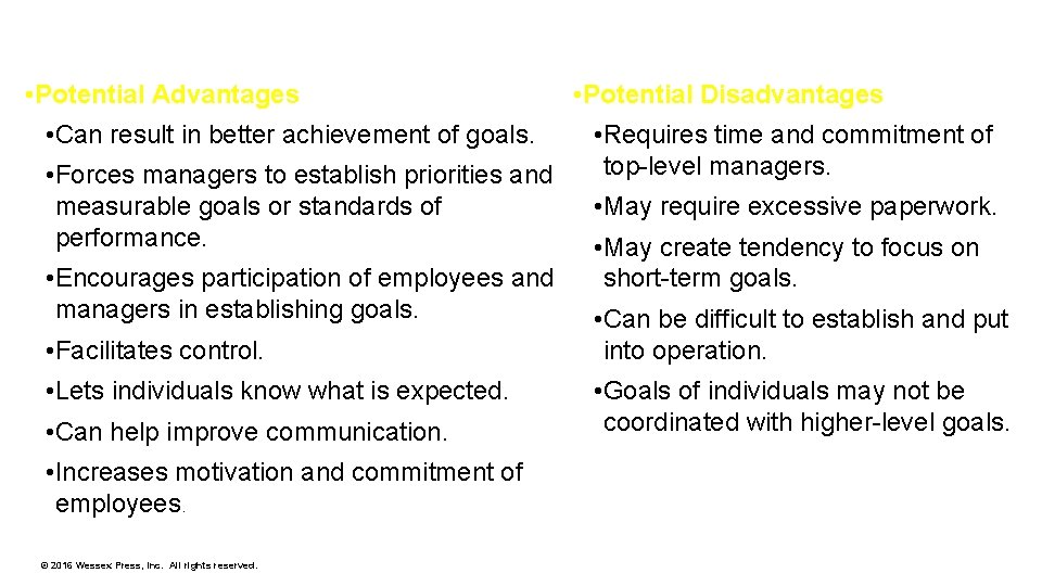 • Potential Advantages • Can result in better achievement of goals. • Forces