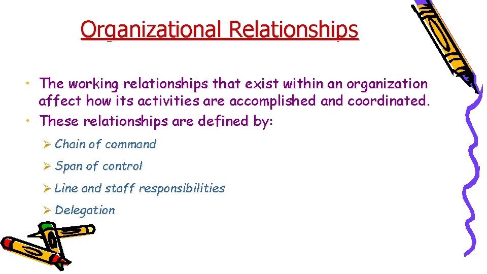 Organizational Relationships • The working relationships that exist within an organization affect how its