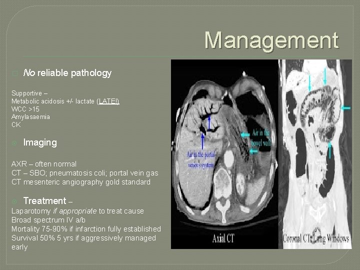 Management � No reliable pathology Supportive – Metabolic acidosis +/- lactate (LATE!) WCC >15