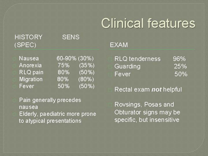 Clinical features HISTORY (SPEC) � � � � Nausea Anorexia RLQ pain Migration Fever