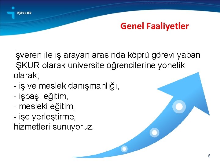 Genel Faaliyetler İşveren ile iş arayan arasında köprü görevi yapan İŞKUR olarak üniversite öğrencilerine