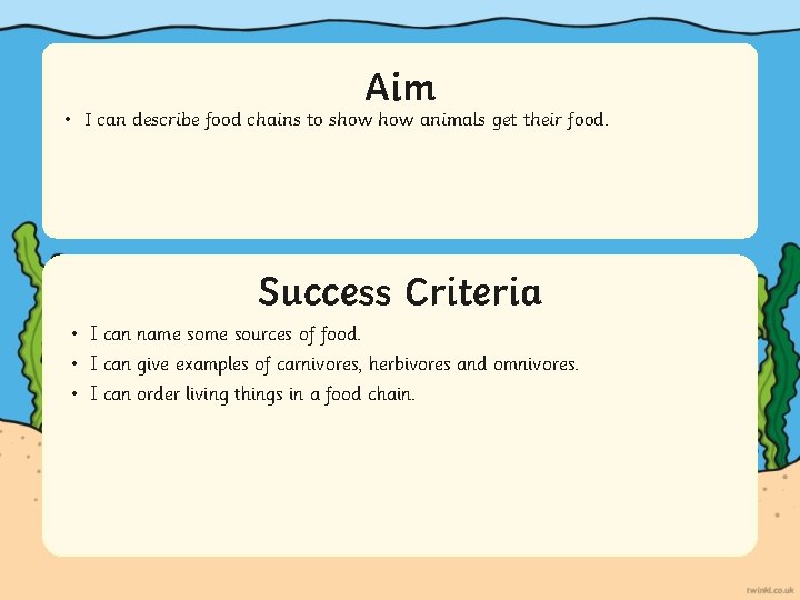 Aim • I can describe food chains to show animals get their food. Success