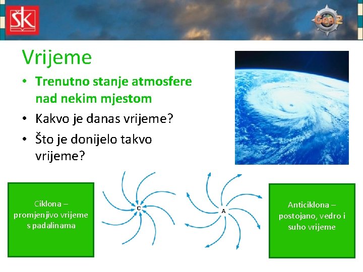 Vrijeme • Trenutno stanje atmosfere nad nekim mjestom • Kakvo je danas vrijeme? •