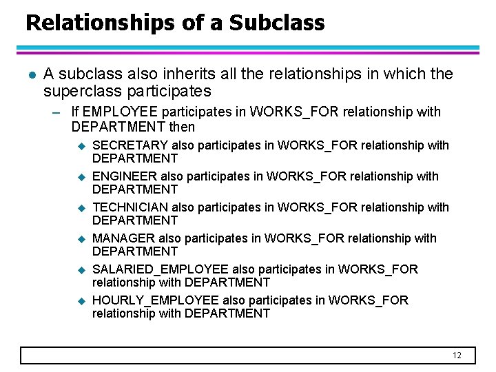 Relationships of a Subclass l A subclass also inherits all the relationships in which