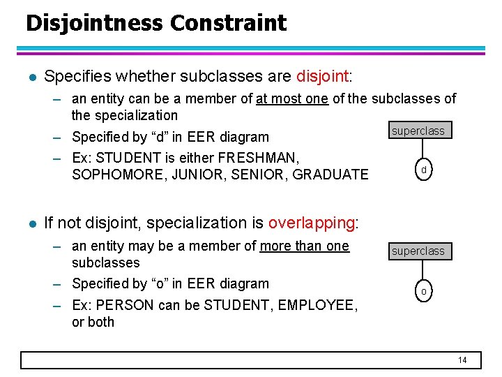 Disjointness Constraint l Specifies whether subclasses are disjoint: – an entity can be a