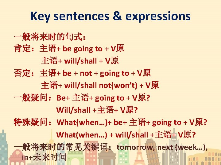 Key sentences & expressions 一般将来时的句式： 肯定：主语+ be going to + V原 主语+ will/shall +