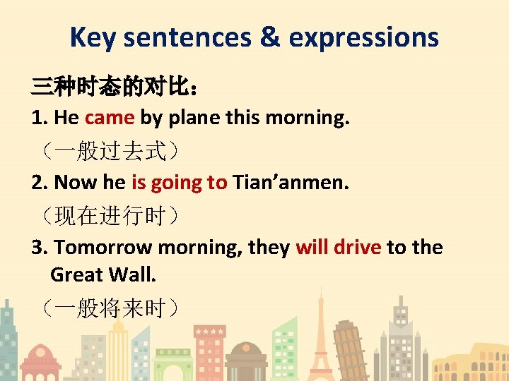 Key sentences & expressions 三种时态的对比： 1. He came by plane this morning. （一般过去式） 2.