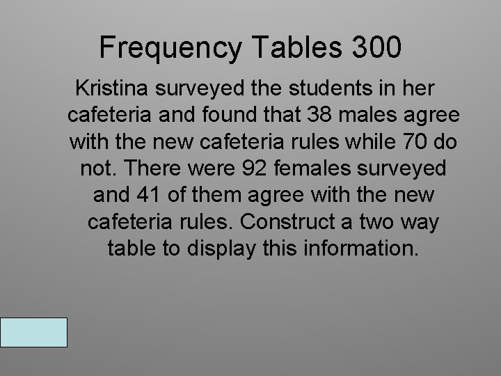 Frequency Tables 300 Kristina surveyed the students in her cafeteria and found that 38 Frequency Tables 300 Kristina surveyed the students in her cafeteria and found that 38