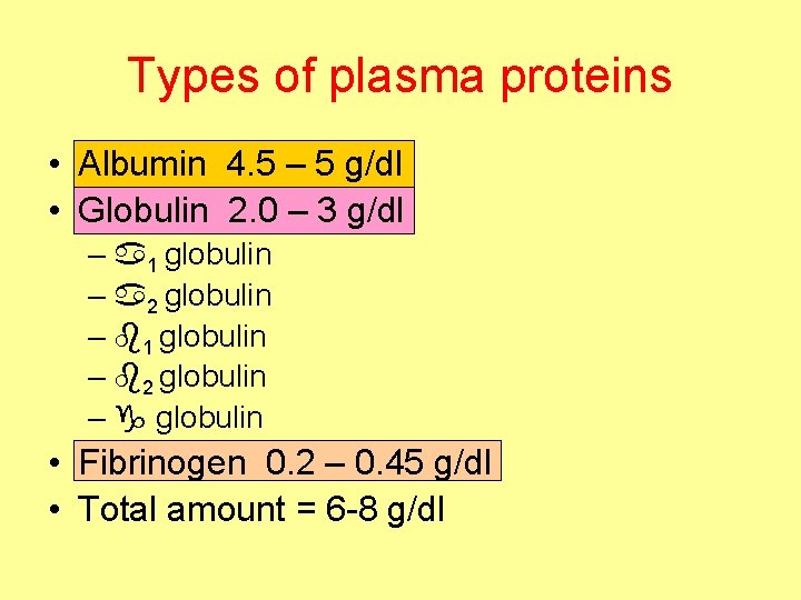 Types of plasma proteins • Albumin 4. 5 – 5 g/dl • Globulin 2.