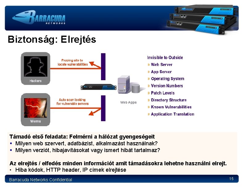 Biztonság: Elrejtés Támadó első feladata: Felmérni a hálózat gyengeségeit § Milyen web szervert, adatbázist,