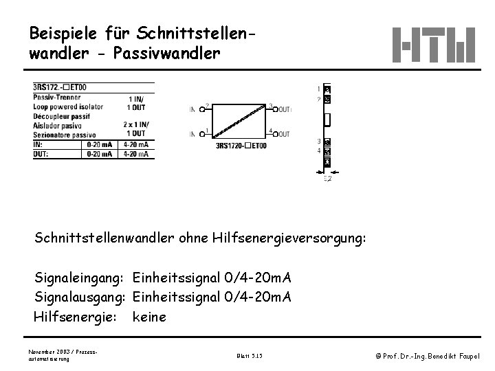 Beispiele für Schnittstellenwandler - Passivwandler Schnittstellenwandler ohne Hilfsenergieversorgung: Signaleingang: Einheitssignal 0/4 -20 m. A