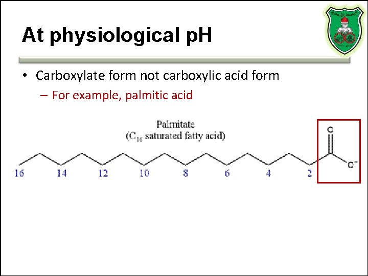 At physiological p. H • Carboxylate form not carboxylic acid form – For example,