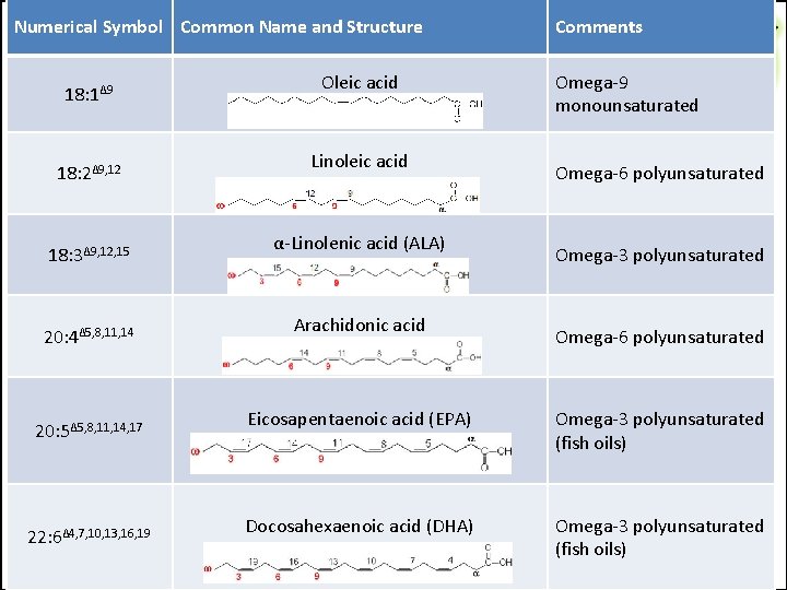 Numerical Symbol Common Name and Structure 18: 1Δ 9 18: 2Δ 9, 12 18: