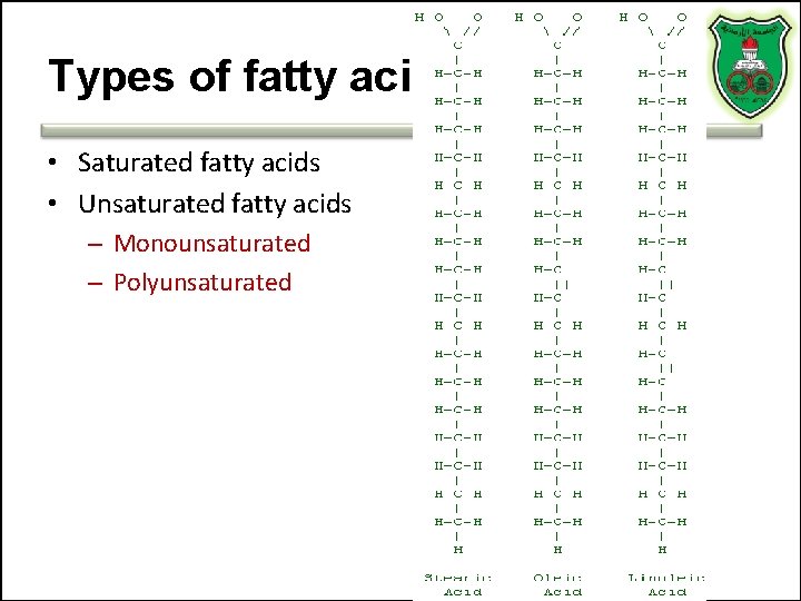 Types of fatty acids • Saturated fatty acids • Unsaturated fatty acids – Monounsaturated