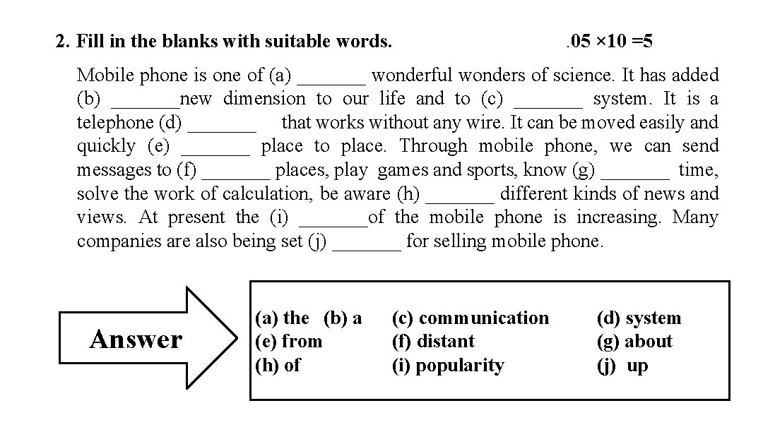 2. Fill in the blanks with suitable words. . 05 × 10 =5 Mobile