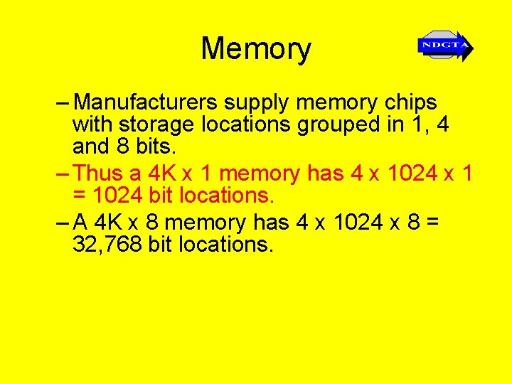 Memory – Manufacturers supply memory chips with storage locations grouped in 1, 4 and