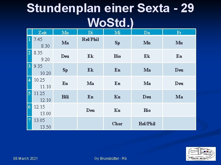 Stundenplan einer Sexta - 29 Wo. Std. ) 1 2 3 4 5 6