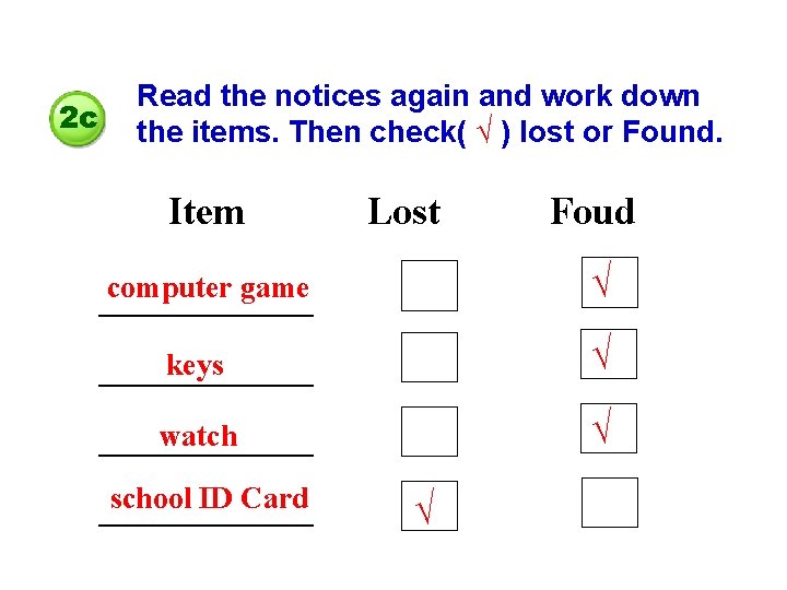 2 c Read the notices again and work down the items. Then check( √