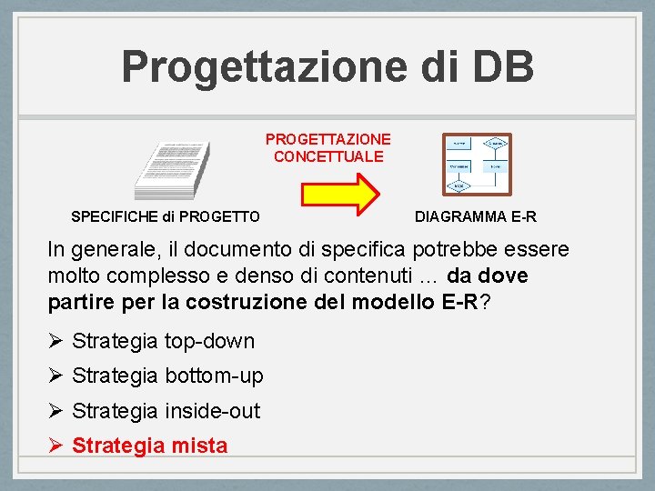 Progettazione di DB PROGETTAZIONE CONCETTUALE SPECIFICHE di PROGETTO DIAGRAMMA E-R In generale, il documento